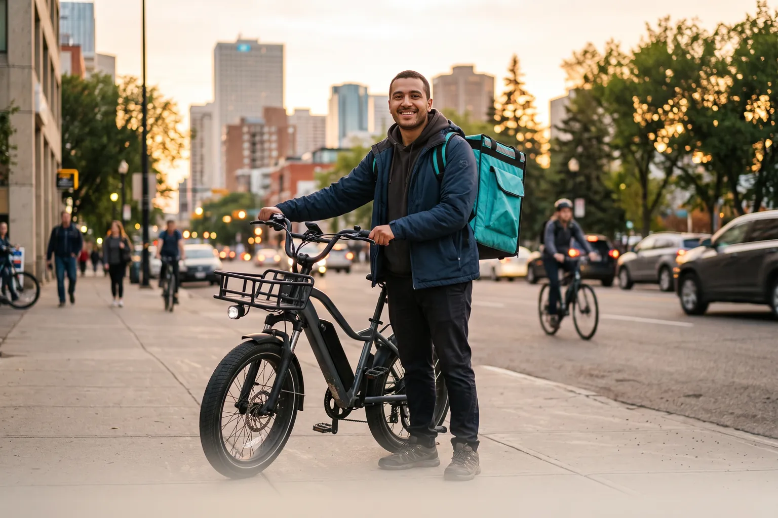 Illustration of a smiling HalalMap delivery driver with an insulated bag and a city skyline at sunset